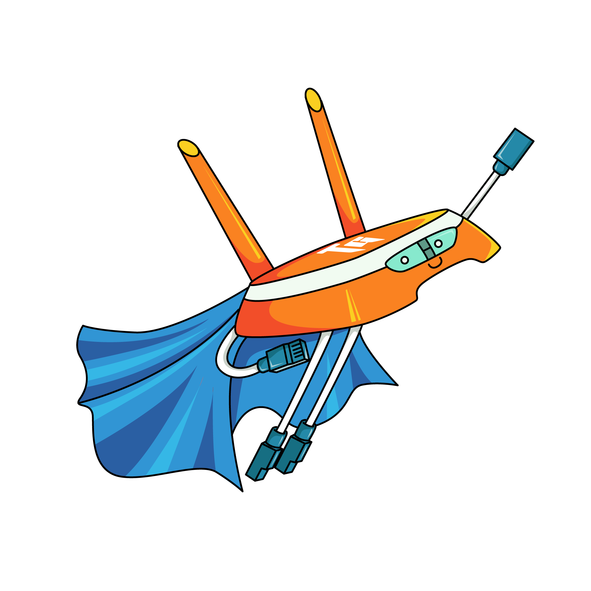 Troubleshoot, the Tekie Geek mascot, flying with his cape