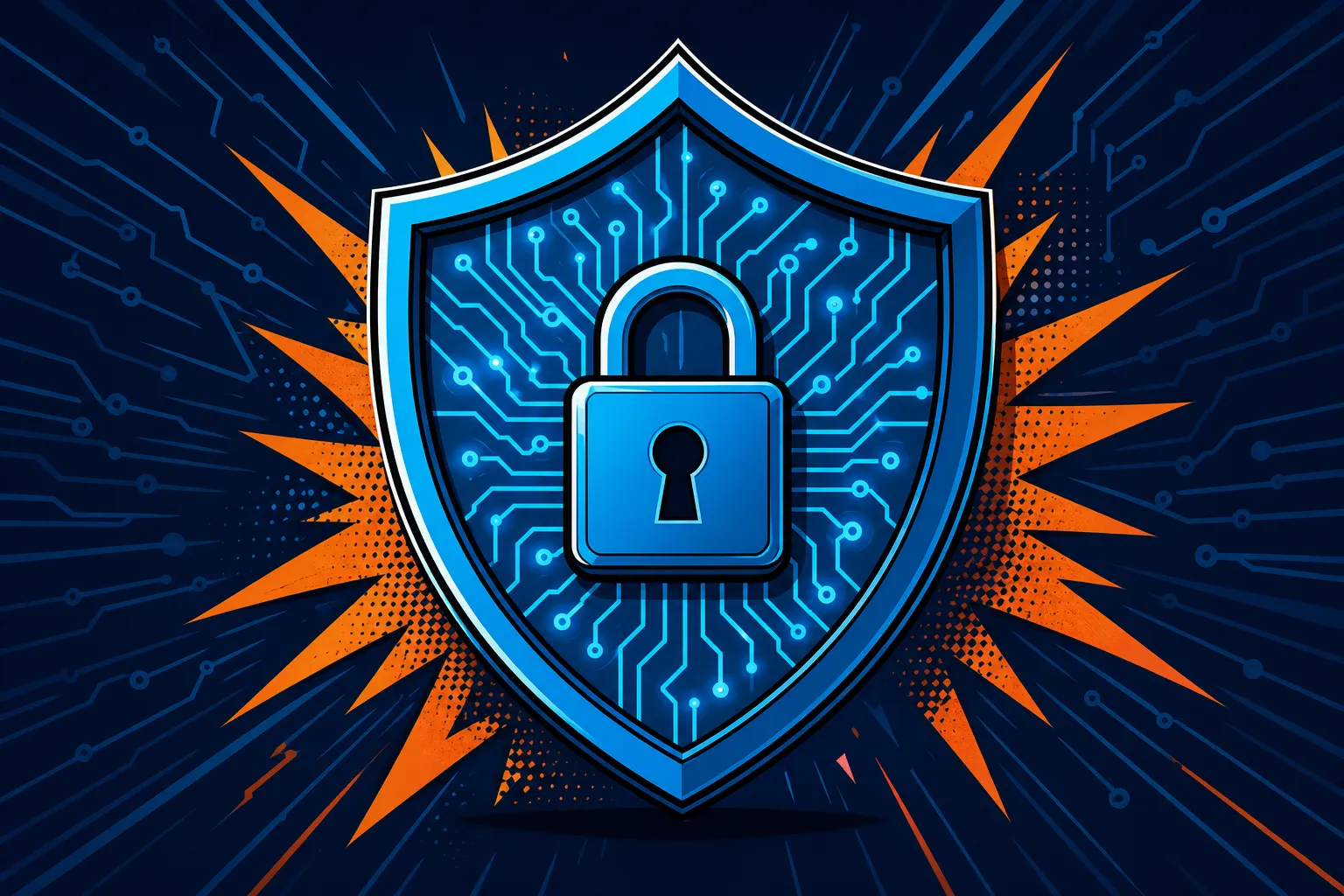 Glowing digital shield with padlock over circuit lines